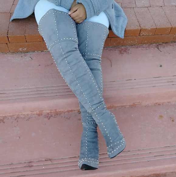 Last size- Stud Gray Faux Suede Thigh High Boots - Picture 2 of 3